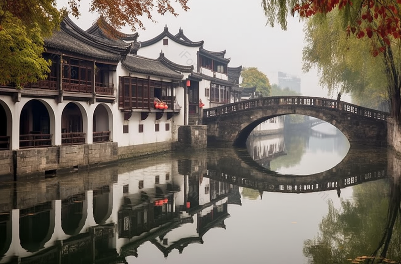 清澈的运河与古镇实拍摄影图,高清,摄影图,摄影图片,图片大全,摄影图免费下载